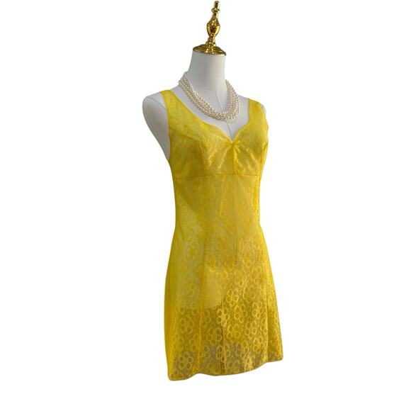 Vintage 60s Germany Stretta Neon Yellow Sheer Lace Mini Full Slip Dress Size S - Picture 6 of 9